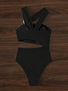 Swim Vcay 女式一片式泳衣，中空設計，3D花裝飾，夏日沙灘頸帶款 - 黑色 - 查看 2