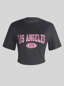 INAWLY 女士夏季短袖休閒T恤，印有字母和圓領設計 - 灰色 - 查看 4