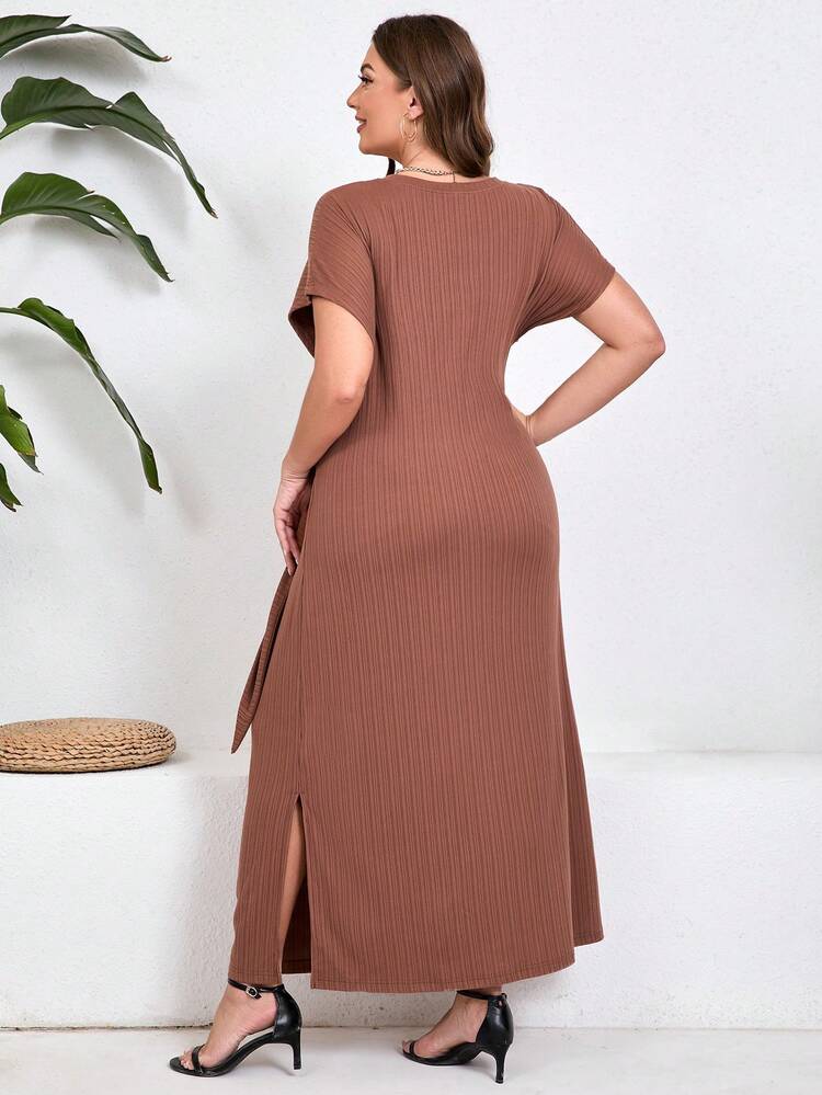 Plus Size Summer Elegant Short Sleeved Solid Color Round Neck Slit Twist Knot Design Midi Dress