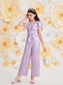 SHEIN Tween Girl Elegant Solid Color Jacquard Ruffle Jumpsuit, Summer