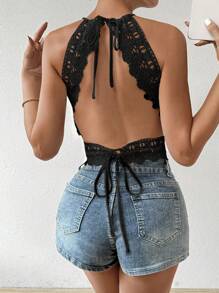 Firerie Guipure Lace Panel Backless Women Tank Top - Black - View 6