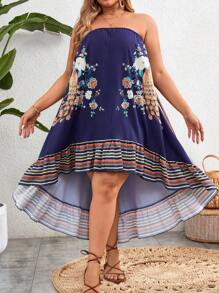 SHEIN VCAY فستان قصير وطويل من الأنبوب بتفاصيل طبعات راقصة للمقاسات الكبيرة المناسب للعطلات - متعدد الألوان - مشاهدة 1