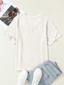 CILKOO Women's Loose Twist Textured V-Neck Pocket Short Sleeve T-Shirt, Spring/Summer - White - View 7