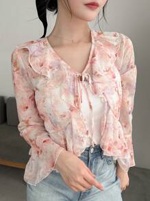 FRIFUL Women's Printed Ribbon Tie Peplum Hem Bell Sleeve Casual Shirt,Ruffle Vacation Outfits Women Floral - Baby Pink - View 6