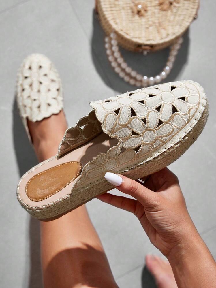 Styleloop Women s Fashionable Wedge Heeled Rope Flower Decorated Open Back Flat Shoes For Summer Boho Feels Vintage Frenchy Shoes Halloween Christmas Fall SHEIN