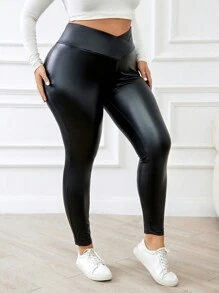 SHEIN Frenchy Leggings casual con vita a V per taglie forti delle donne - nero - Visualizzare 3