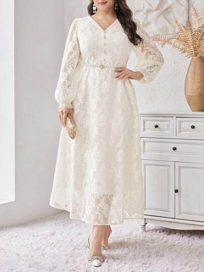 Modelyn 大码女式纯色简约日常蕾丝装饰连衣裙，优雅晚会礼服长款晚礼服