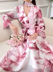 Modelyn 女性優雅花卉印花長洋裝，波浪袖，春夏季節 - 彩色 - 查看 1