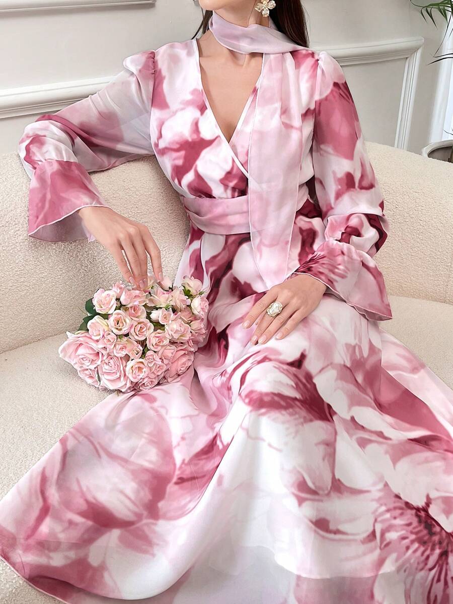 Modelyn 女性優雅花卉印花長洋裝，波浪袖，春夏季節 - 彩色 - 查看 1