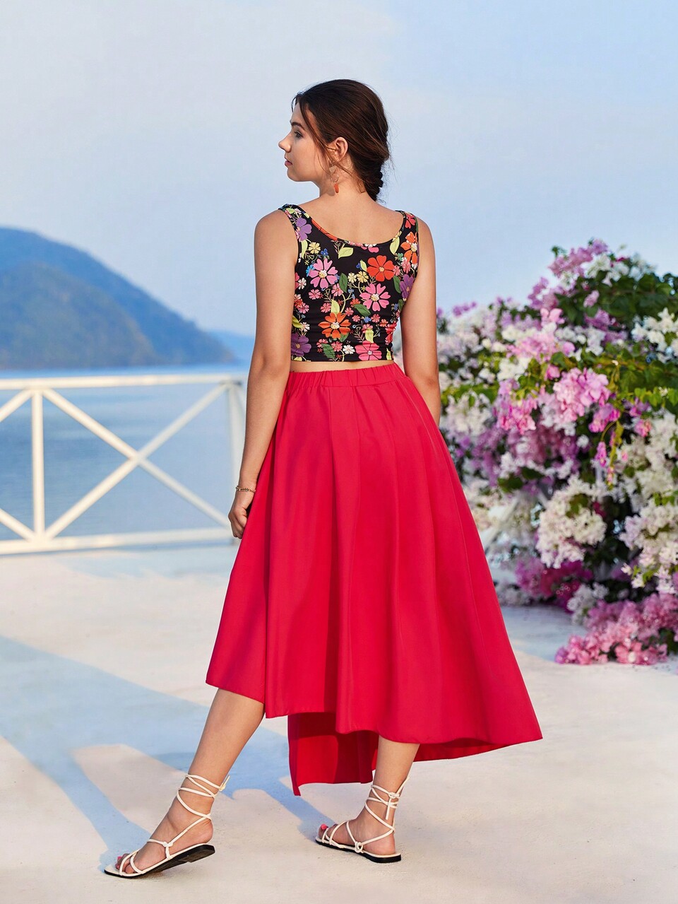 Teen Girl Elegant Flower Printed Tank Top And Asymmetrical Hem Skirt Set, Summer