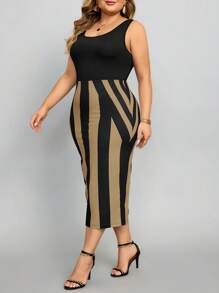 SHEIN Lady 大尺碼夏季休閒條紋拼色修身無袖連衣裙 - 卡其色 - 查看 6