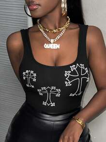 Slaydiva Top corto con cuello en U y estampado cruzado de moda urbana - H