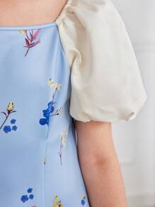 女童寬鬆休閒方頸泡泡袖花布拼接拼色連衣裙 - 藍色 - 查看 7