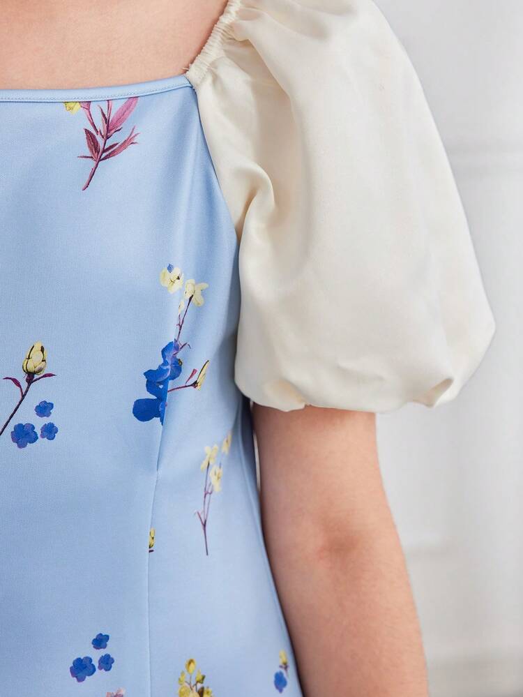 Tween Girl Loose Fit Casual Square Neckline Puff Sleeve Floral Patchwork Color Block Dress
