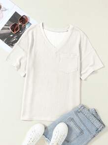 CILKOO Women's Loose Twist Textured V-Neck Pocket Short Sleeve T-Shirt, Spring/Summer - White - View 6