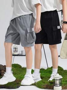 SHEIN 2pcs/Set Tween Boys' Loose Fit Casual Solid Color Woven Cargo Shorts