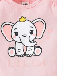 SHEIN Infant And Toddler Girls Summer Pink Elephant Printed Bib And Gloves Set - Pink - View 4