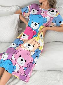 Cute Cartoon Bear Printed Short Sleeve Sleep Dress Pajama Dress For Summer - Multicolor - View 3
