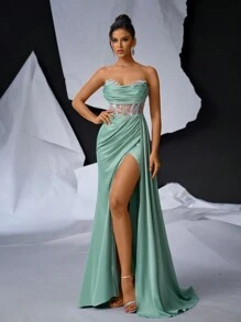 Glamrae 帶束帶和魚骨的優雅浪漫馬甲裙，豪華、性感的網眼插片，高腰設計，緞面側邊飾，美人魚下擺裙，女性正式舞會禮服，適合晚禮、婚禮和假日派對 - 綠色 - 查看 4