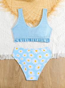 Tween Girl Daisy Print Front Tie Patchwork Bikini Set With Flounce Trim, For Vacation - Multicolor - View 2