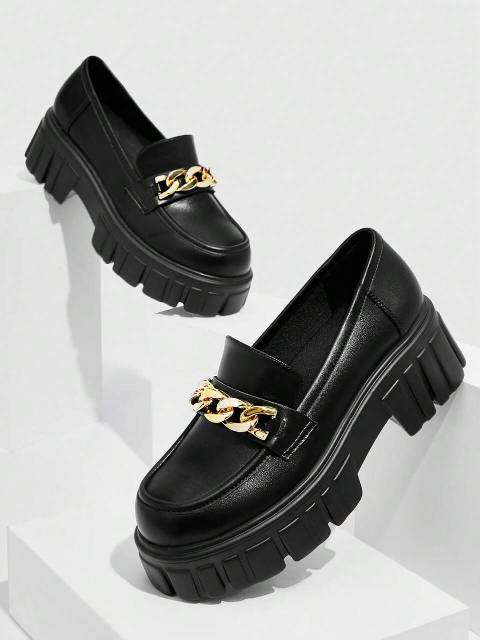 CUCCOO BIZCHIC Women Chain Decor Flatform Shoes, Fashionable Black Flatform Loafers Vacation Shoes Summer Spring Shoes Spring Break Easter