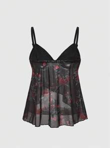 ROMWE 女士不对称下摆玫瑰图案吊带背心 - 黑色 - 查看 2