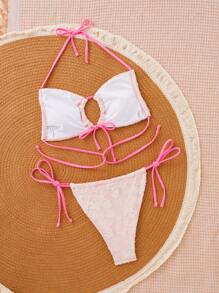 SHEIN Swim Bộ bikini dây yếm màu tương phản gợi cảm cho kỳ nghỉ hè của phụ nữ - Màu Hồng baby - Xem 5