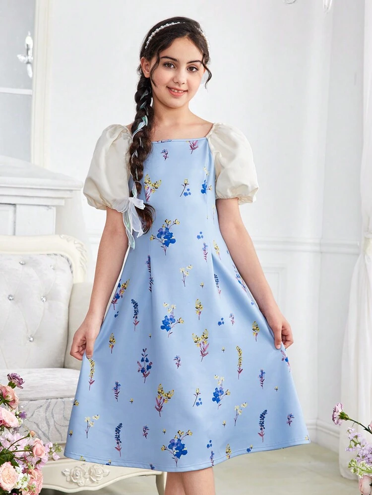 Tween Girl Loose Fit Casual Square Neckline Puff Sleeve Floral Patchwork Color Block Dress