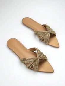 Sandalias planas puntiagudas color caqui con adornos de cadena de estrás elegantes y cómodas para mujer, para uso diario y de fiesta