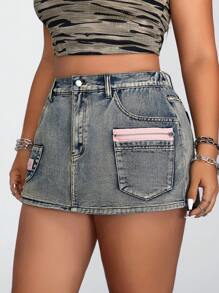 SHEIN ICON 加大尺碼女士拉鍊口袋休閑丹寧短裙褲 - 藍色 - 查看 1