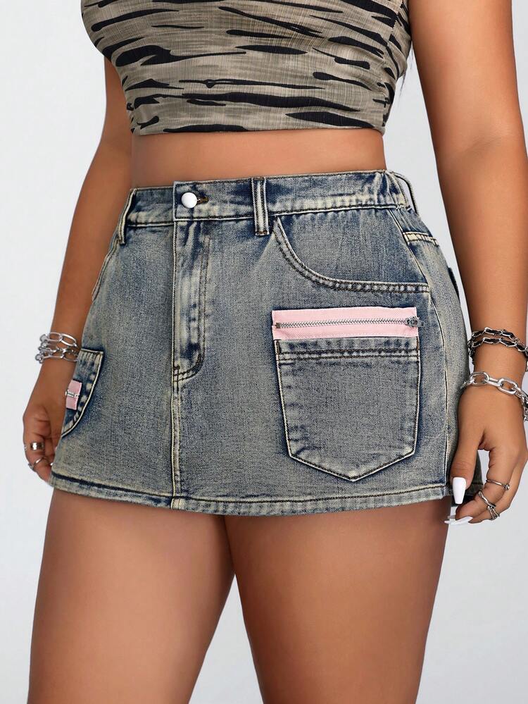 Plus Size Women's Zipper Pocket Casual Denim Skort