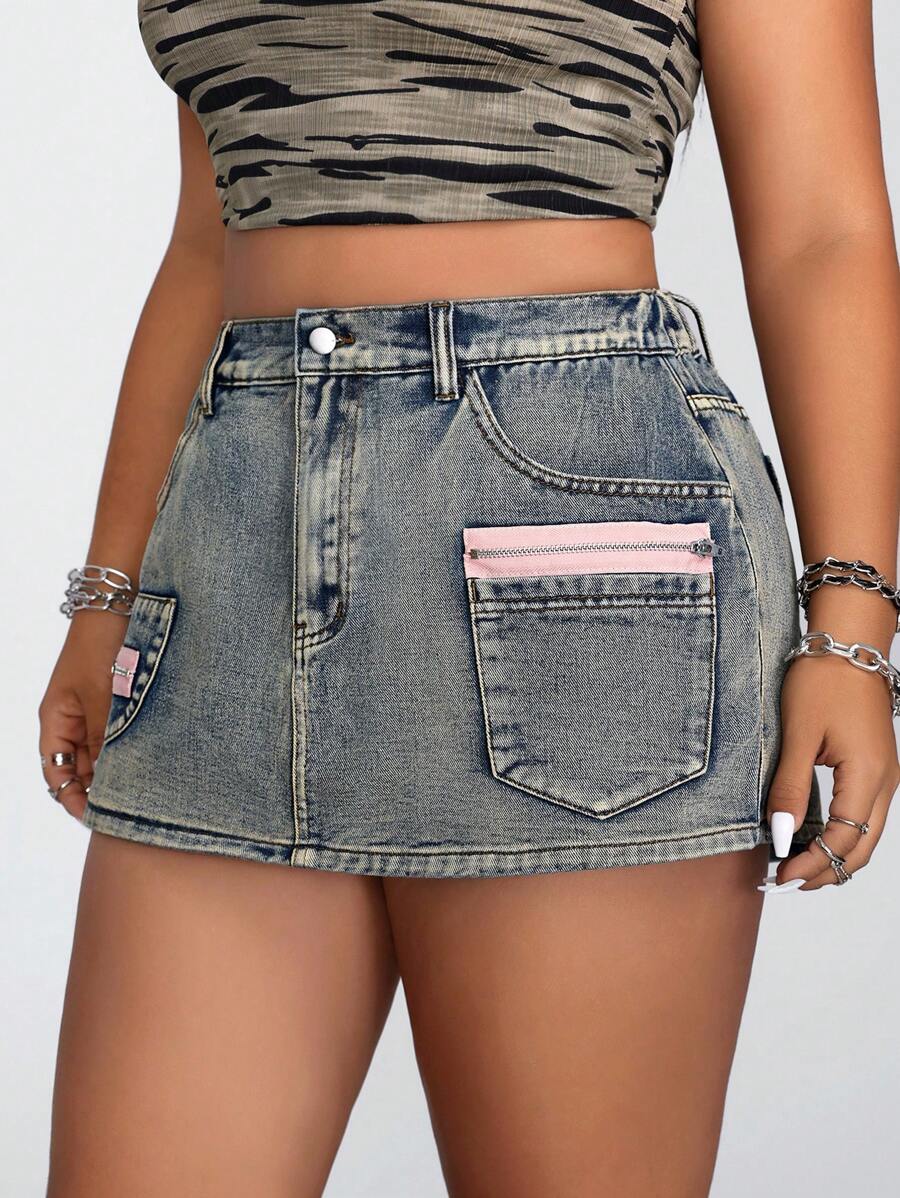 SHEIN ICON 加大尺碼女士拉鍊口袋休閑丹寧短裙褲 - 藍色 - 查看 1