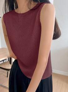 Summer Round Neck Solid Color Sleeveless Knitted Top - Burgundy - View 2