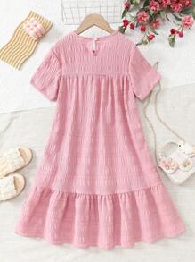 SHEIN Tween Girl Pink Textured Fabric Comfortable Casual Loose Vacation Dress,Holiday Summer Travel Summer Holiday