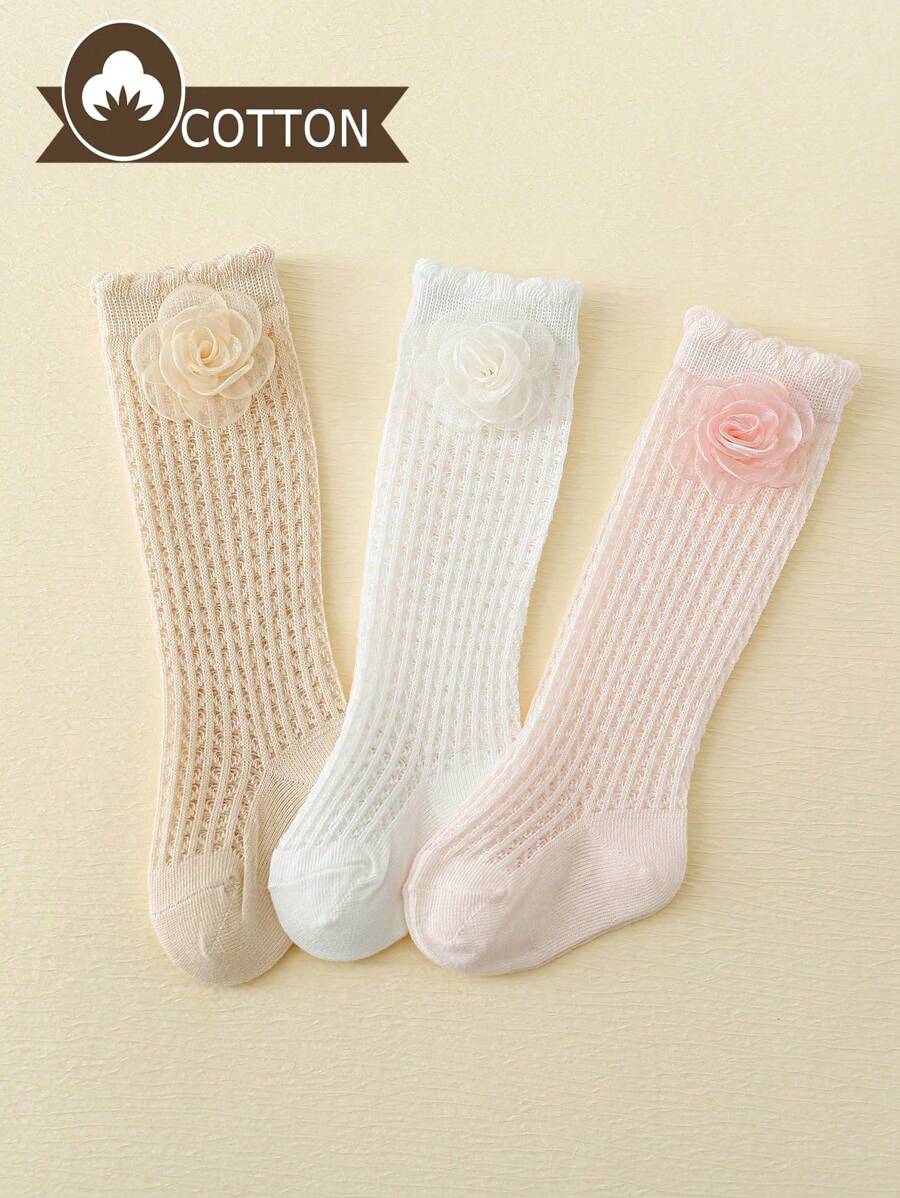 3 Pairs/Set Baby Girls Flower Pattern Sheer Mid-Calf Socks, Spring And Summer, Daily Wear - Multicolor - View 1
