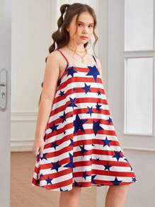 SHEIN Tween女孩加大尺碼基本款紅白條紋帶星條紋印花針織背心裙，適用於春夏季