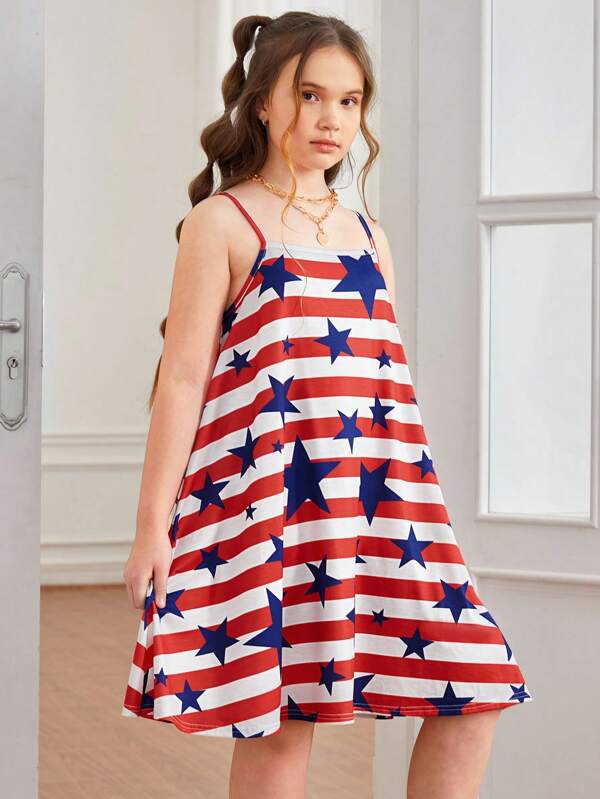 SHEIN Tween Girl Extended Size Basic Red & White Striped Star & American Flag Printed Knitted Tank Dress For Spring And Summer