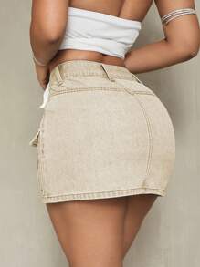 SHEIN SXY Solid Color Denim Pencil Skirt With Pockets, Summer - Khaki - View 3