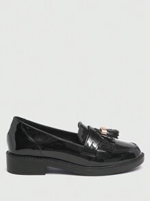 CUCCOO BIZCHIC 女士时尚黑色漆皮流苏平底乐福鞋