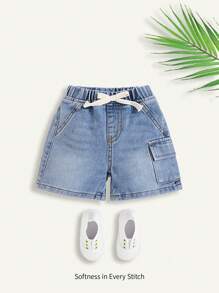 Cozy Pixies Shorts en jean délavé à poches rabattables sur les côtés, jambes larges et souples, pour garçons, style décontracté d'été - Jean bleu - Voir 1