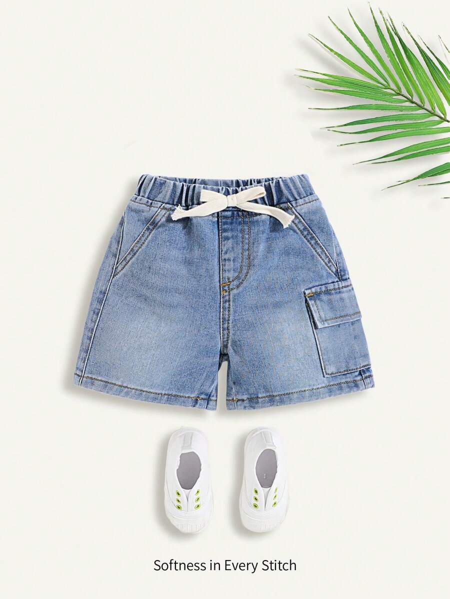 Cozy Pixies Shorts en jean délavé à poches rabattables sur les côtés, jambes larges et souples, pour garçons, style décontracté d'été - Jean bleu - Voir 1