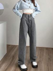 女式直筒高腰牛仔裤，后部系带设计 - 灰色 - 查看 2