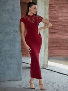 酒紅色不對稱短袖蕾絲分層連衣裙 - 酒紅色 - 查看 1