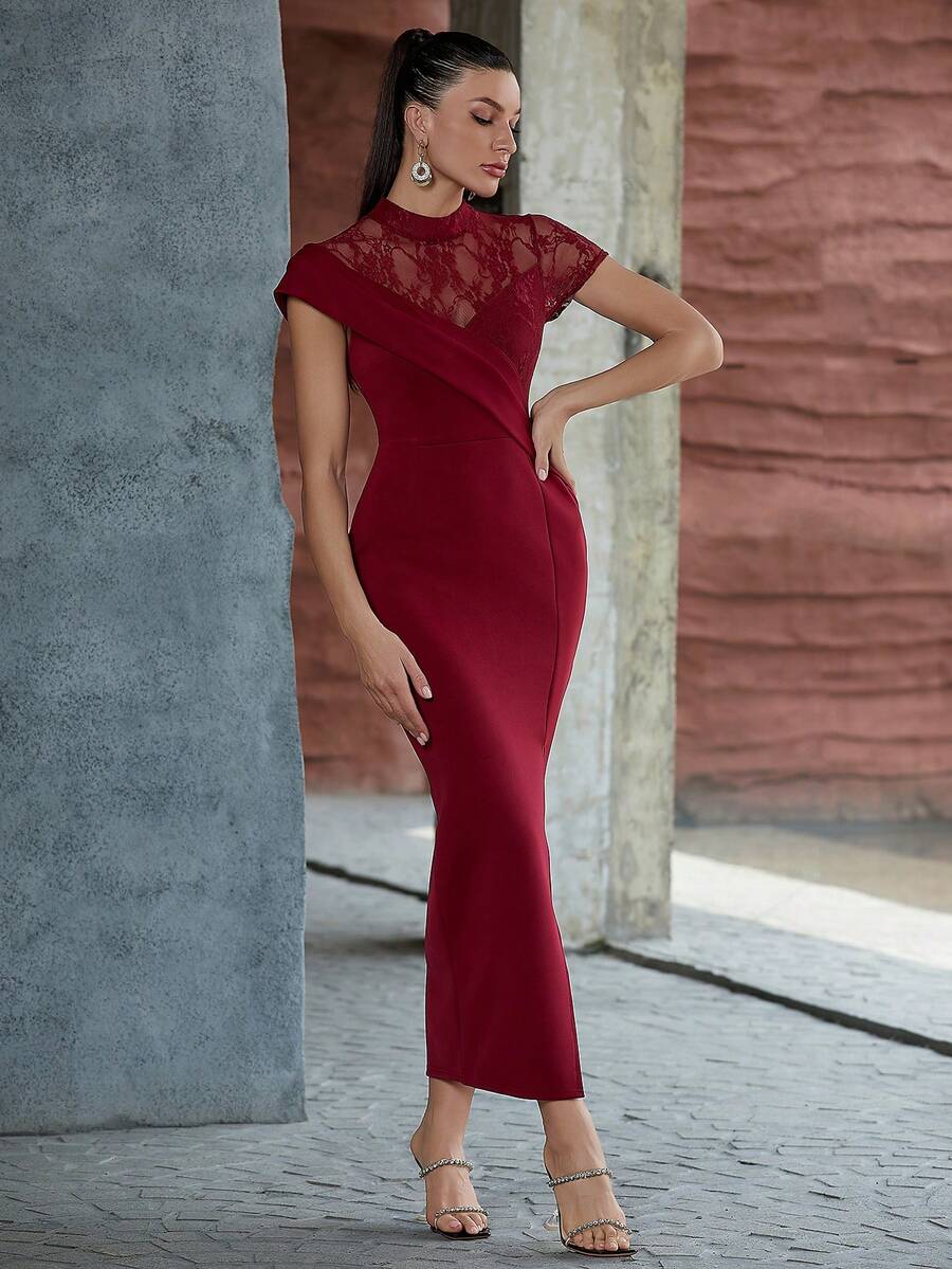 酒紅色不對稱短袖蕾絲分層連衣裙 - 酒紅色 - 查看 1