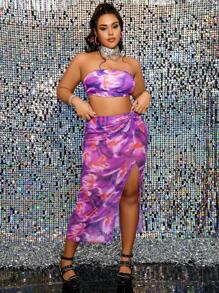 Swim EVENT Plus Size Women's Tie Dye Bandeau Bikini Set With Cover Up Skirt And Half Sleeve Top, Holiday,Summer Beach - Multicolor - View 6