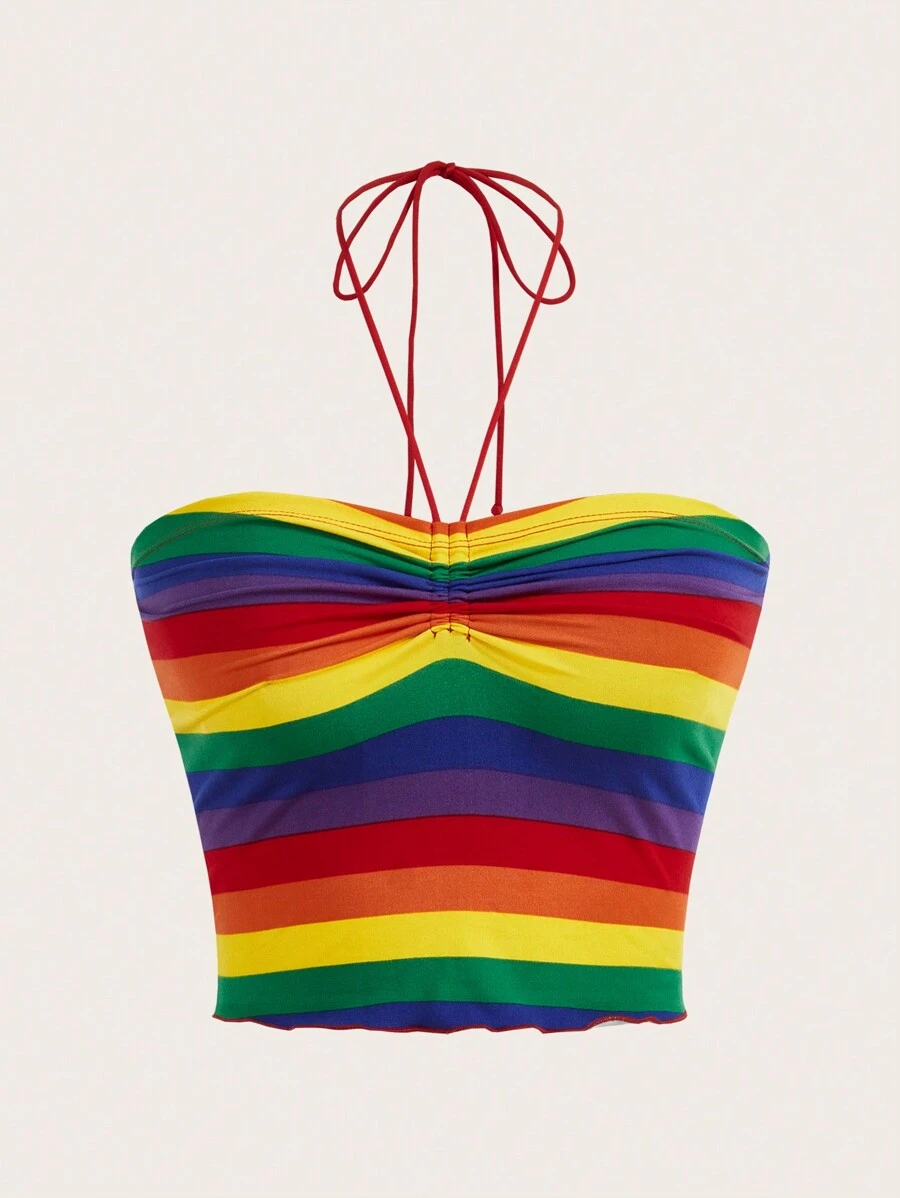 SHEIN EZwear Ladies Rainbow Striped Knitted Crop Top With Halter Neckline - Multicolor - View 1