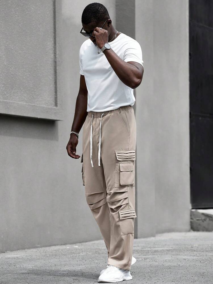 Men Solid Color Drawstring Waist Jogger Pants With Pockets
