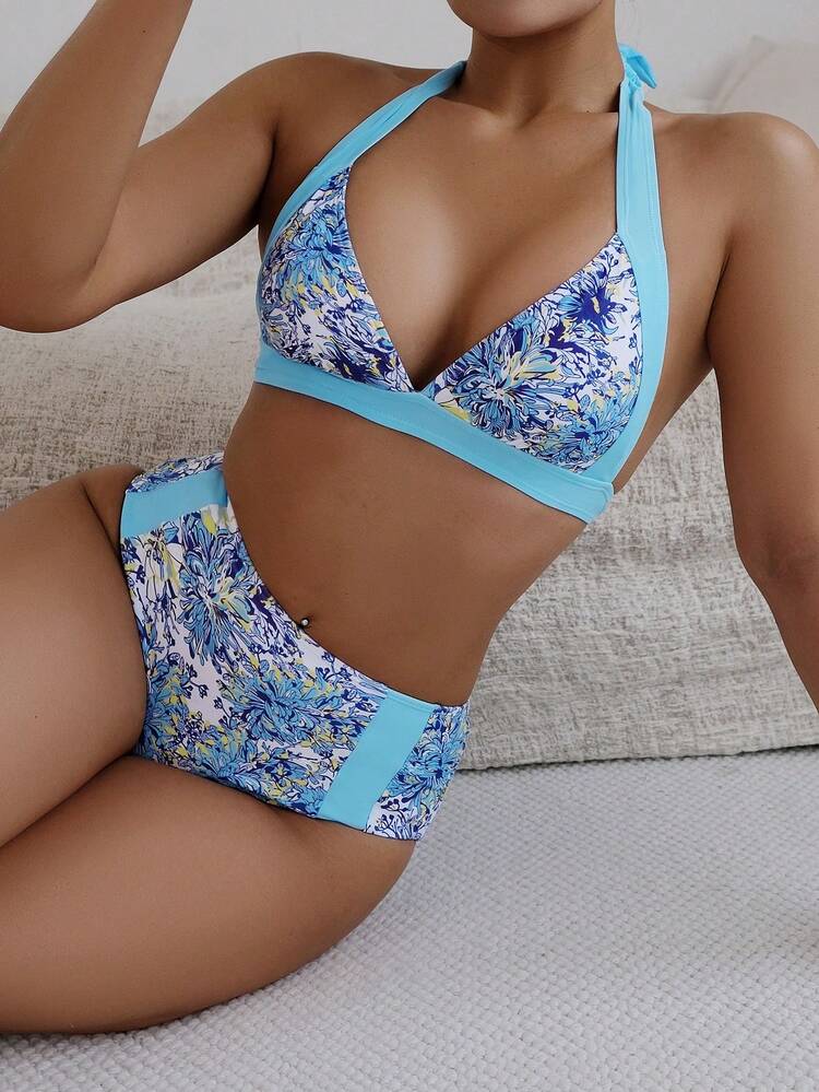 Summer Women's Vacation Plant Printed Halter Bandage Sexy Bikini Set