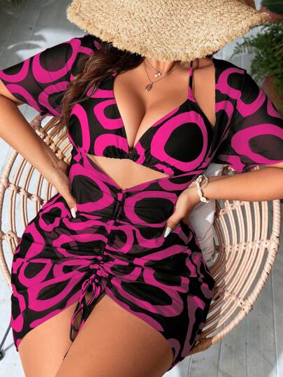 Swim Lushoire Conjunto de bikini con vestido de mangas cortas con cordón, top halter y short a juego, estampado completo, talla grande, para verano