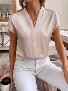 SHEIN LUNE Áo mùa hè nữ Satin cổ chữ V cánh dơi tay ngắn màu trơn thanh lịch - Hồng - Xem 4